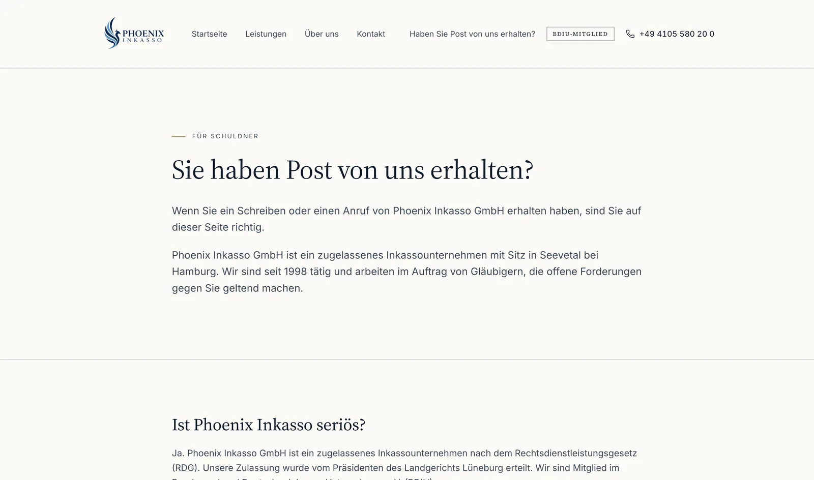 Der Bereich Für Schuldner auf der Phoenix-Inkasso-Website: ruhige Ansprache für Empfänger eines Schreibens