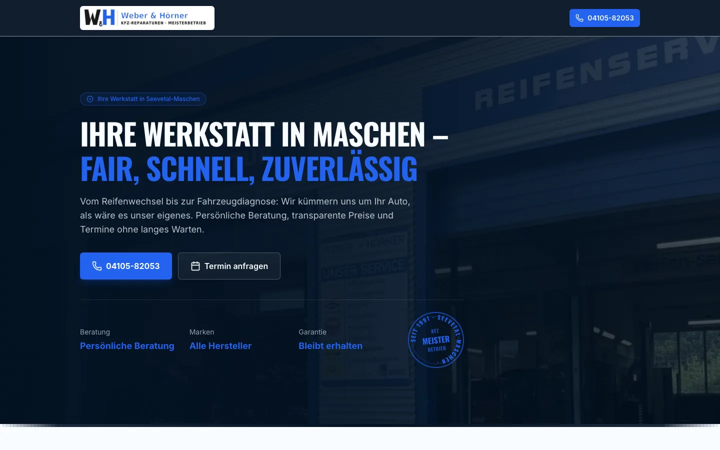 Neue Website von Weber & Hörner: Hero mit Anrufaufforderung und Vertrauenssignalen